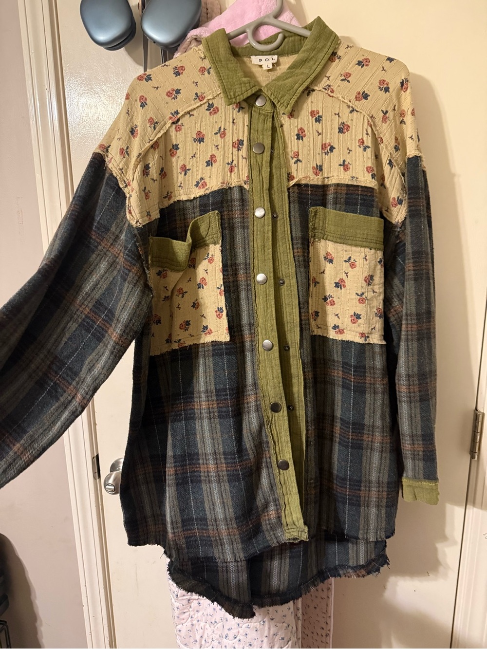 Mixed Plaid & Floral Button-Up Shirt Jacket in Olive and Navy - Picture 1 of 2